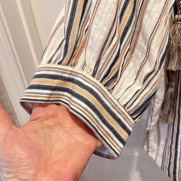 Karen Kane Balloon Sleeve Striped Colorful Lightweight Peasant Top Tassels Small - Picture 3 of 9